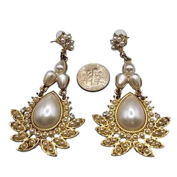 Pierced Earrings Floral Ornate Teardrop Gold Tone Dangle Simulated Pearls - Picture 4 of 5